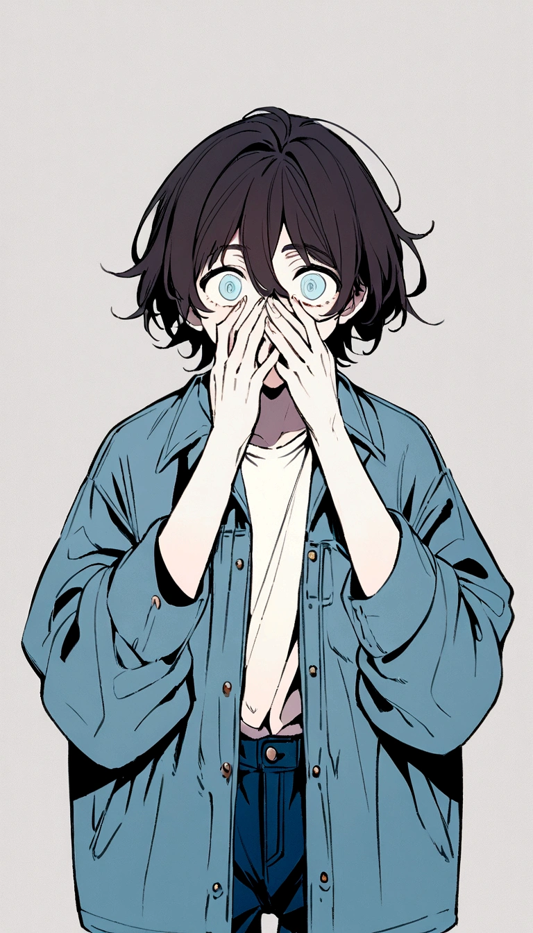 Create an anime-style illustration of a boy with short, slightly messy dark hair. He should be wearing an oversized blue denim jacket. The boy's expression should be one of surprise or shock, with wide eyes and his hands held up to his face, fingers spread apart. The background should be a plain, light grayish-blue color to keep the focus on the character. Ensure the drawing has a clean, detailed, and slightly pastel color palette to match the aesthetic of modern anime illustrations.