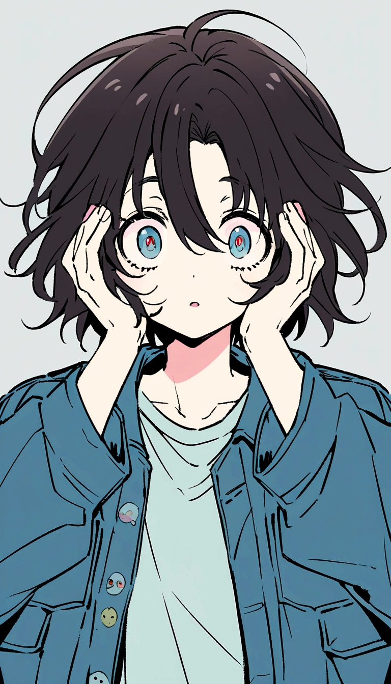 Create an anime-style illustration of a boy with short, slightly messy dark hair. He should be wearing an oversized blue denim jacket. The boy's expression should be one of surprise or shock, with wide eyes and his hands held up to his face, fingers spread apart. The background should be a plain, light grayish-blue color to keep the focus on the character. Ensure the drawing has a clean, detailed, and slightly pastel color palette to match the aesthetic of modern anime illustrations.
