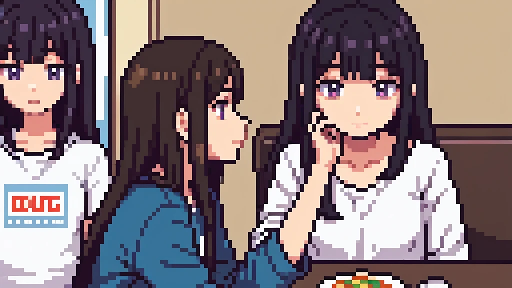 One girl, 20 years old, downtrodden girl, tired girl, confused girl, uncertain posture, long hair, black hair, brown hair. eyes with a transition from blue to purple, dark hair, anime style, 4k image, full figure, modern appearance. all the details are worked out, modern clothes, full-fledged clothes, baggy clothes, cheap clothes, detailed face, lots of details, very detailed, deep, elaborated facial expression, in an apartment, eating, sitting at a table, a girl having lunch, eating