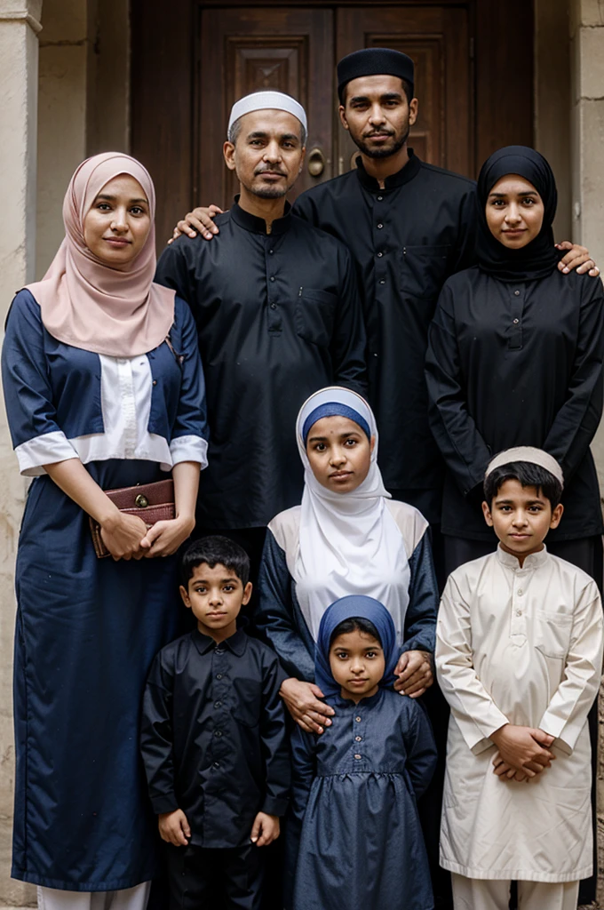 Muslim family photo of mother and father and 5 siblings