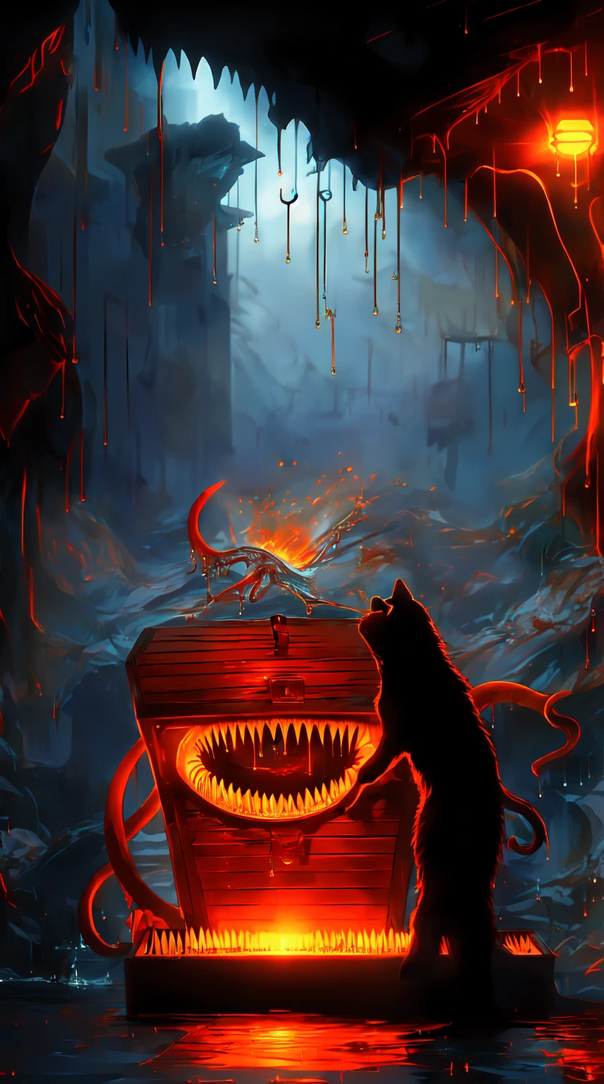 A detailed steampunk-inspired illustration of a creature imitating a ((open iron chest well-formed maw, sharp teeth, long tongue made of wood and leather, in a dark, dank cave, with dripping water and tentacles:1.5)), (best quality, 4k, 8K, high resolution, masterpiece: 1.2), ultra detailed, Sharp focus, (realistic, photorealistic, photo-realistic: 1.37), (masterpiece: 1.3), (best quality: 1.2), ( high quality: 1.1), (photorealistic: 1.37), (extremely detailed: 1.2), (cinematic lighting: 1.2), (dramatic shadows: 1.2), (muted colors: 1.1), ,intense lighting,dramatic lighting,changing lighting,cinematic lighting,chiaroscuro lighting,dramatic shadows,dramatic moments,vivid colors,intense colors,deep contrast,cinematic depth of field,cinematic composition,angle
cinematographic camera