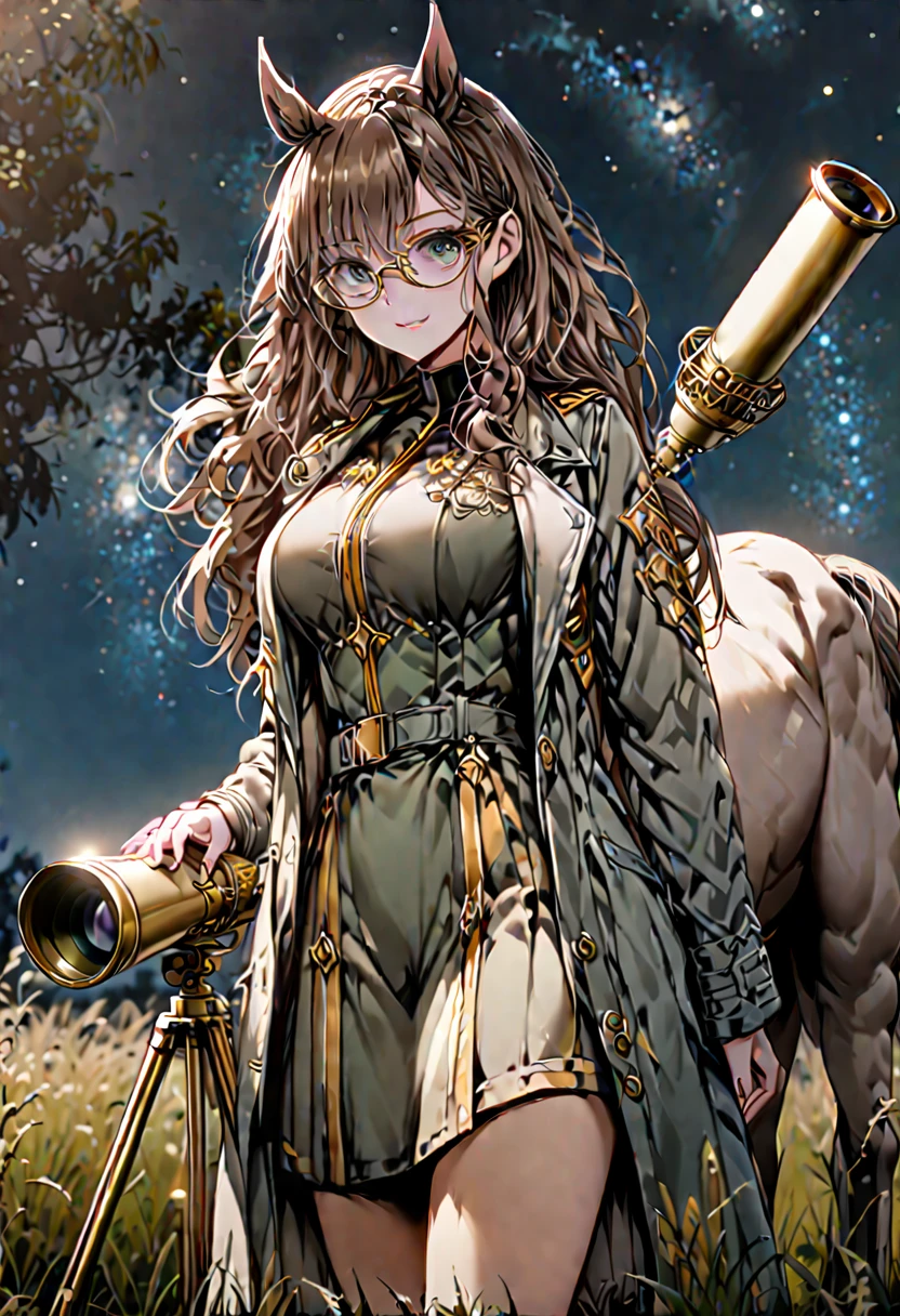 solo, female, sfw, medium shot, long wavy hair, brown hair, dark green eyes, centaur girl, brown horse ears, huge breasts, scholar, modest clothes, night sky, horse lower body, calm smile, brass telescope, starry sky, grassy field, night, coat, glasses