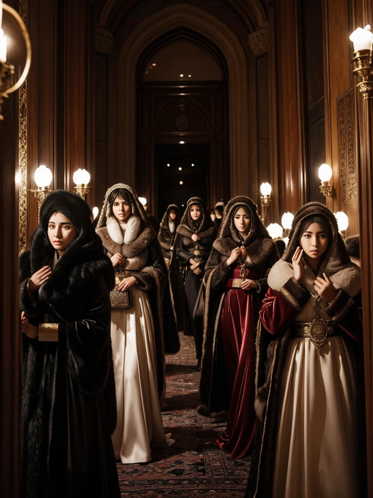 fluffyの毛皮。fluffy。Photos of women in the Turkish royal court。turkish traditional costume。Surrounded by fair-skinned girls。Women wearing fur dresses and veils covering their faces are lined up。Beautiful women in luxurious furs。The dark dungeon of an old stone castle。Fisheye Lens、Fur coat。Multiple women。