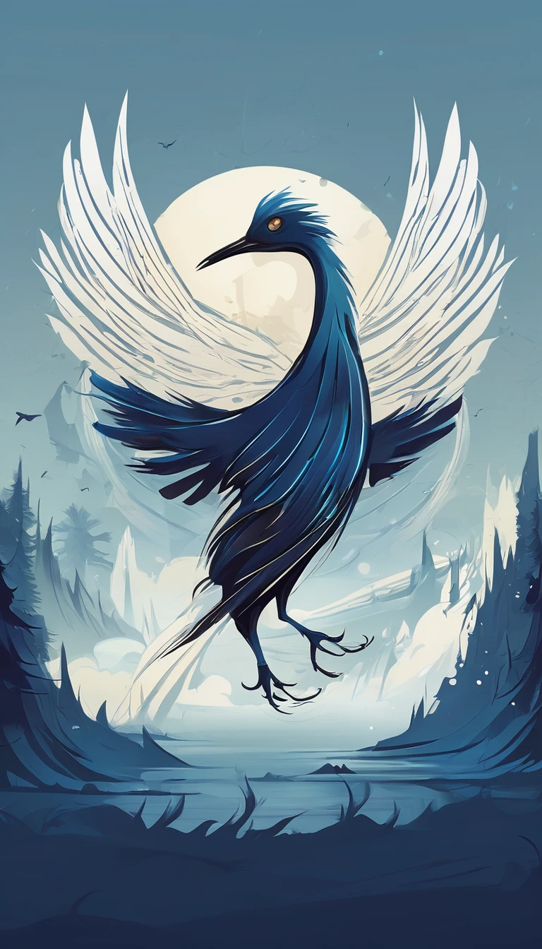 Create a minimalistic, simple, fantastic, easy to understand, logo design for an upcoming Role Playing Game called " Penamemoria". The game is about a world of bird and feathers. A boy enters that world and discovers his true artistic identity. Create a logo design that transmits the essence of this videogame. It´s a fantasy game, with fantasy elements. Create the logo in the center and a fantasy theme as background. Use the colours blue, white, yellow in the logo.