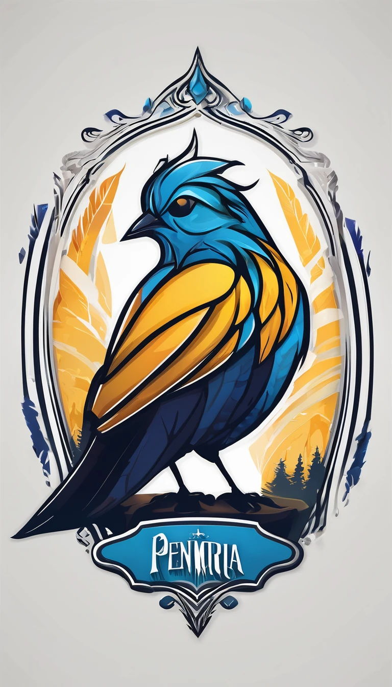 Create a minimalistic, simple, fantastic, easy to understand, logo design for an upcoming Role Playing Game called " Penamemoria". The game is about a world of bird and feathers. A boy enters that world and discovers his true artistic identity. Create a logo design that transmits the essence of this videogame. It´s a fantasy game, with fantasy elements. Create the logo in the center and a fantasy theme as background. Use the colours blue, white, yellow in the logo.