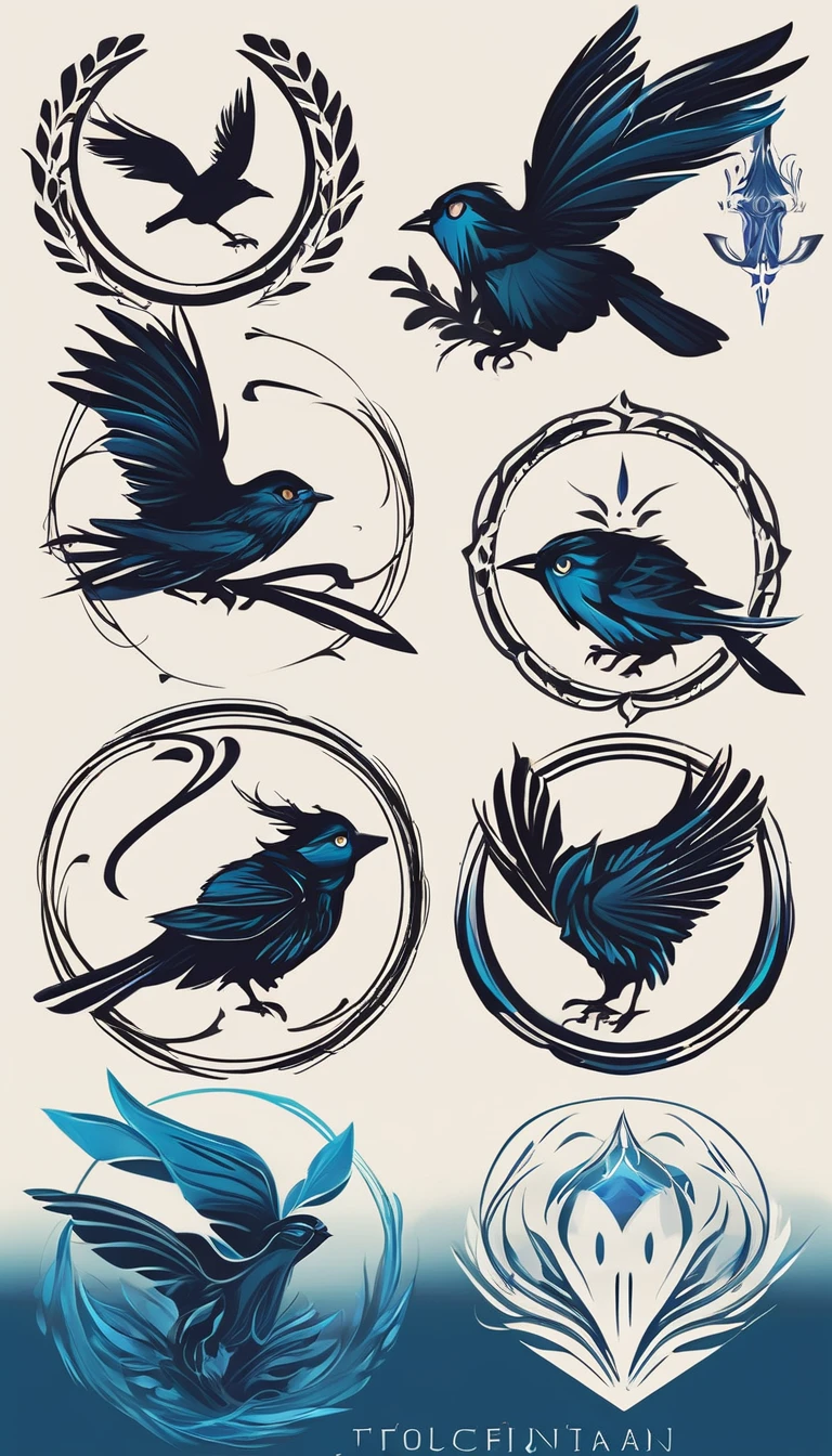 Create a minimalistic, simple, fantastic, easy to understand, logo design for an upcoming Role Playing Game called " Penamemoria". The game is about a world of bird and feathers. A boy enters that world and discovers his true artistic identity. Create a logo design that transmits the essence of this videogame. It´s a fantasy game, with fantasy elements. Create the logo in the center and a fantasy theme as background. Use the colours blue, white, yellow in the logo.