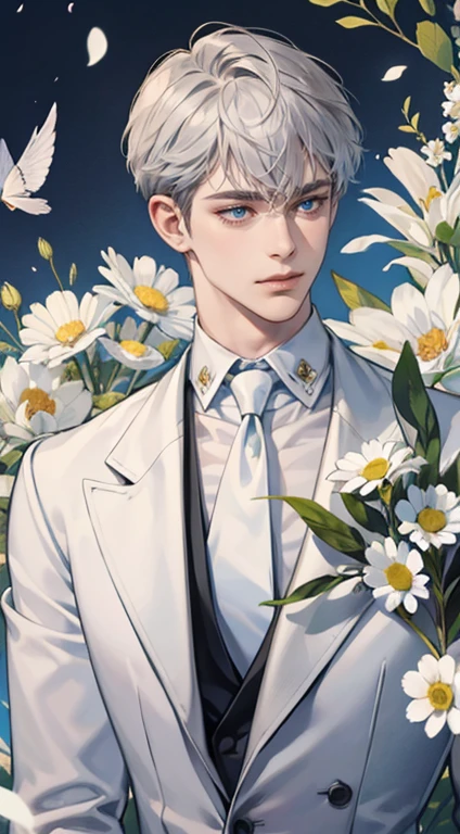 ((masterpiece)),(((best quality))), (detailed light) (detailed shadow), (high quality, breathtaking),(expressive eyes, perfect face), 1man, solo, male, tall, (mature), board shoulder, muscular, short grey hair, side swep bangs, blue eyes, smiling, white suit, white tie, daisy flower background, flower petal flying, windy, look at viewer, one ear earing.