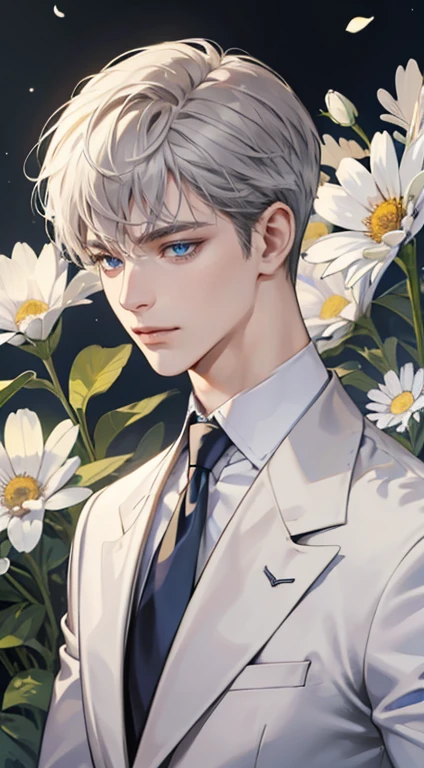 ((masterpiece)),(((best quality))), (detailed light) (detailed shadow), (high quality, breathtaking),(expressive eyes, perfect face), 1man, solo, male, tall, (mature), board shoulder, muscular, short grey hair, side swep bangs, blue eyes, smiling, white suit, white tie, daisy flower background, flower petal flying, windy, look at viewer, one ear earing.