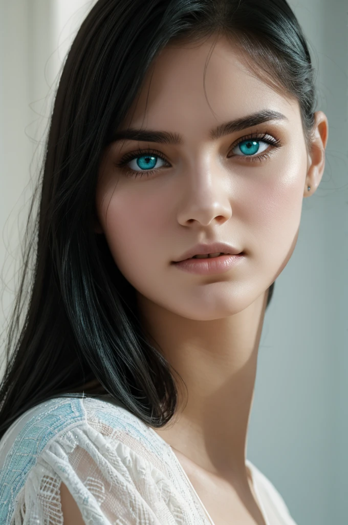 A young woman with white skin, black hair and blue-green eyes