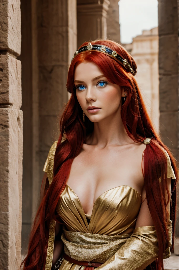 A roman queen with red hair, blue eyes