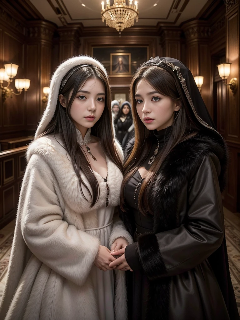 fluffyの毛皮。fluffy。Wedding dressを着た女性たちの写真。Wedding dress、Grey fur cape。Surrounded by fair-skinned adult women。Women wearing fur dresses and veils covering their faces are lined up。Beautiful women in luxurious furs。The dark dungeon of an old stone castle。Fisheye Lens、Fur coat。Multiple women。