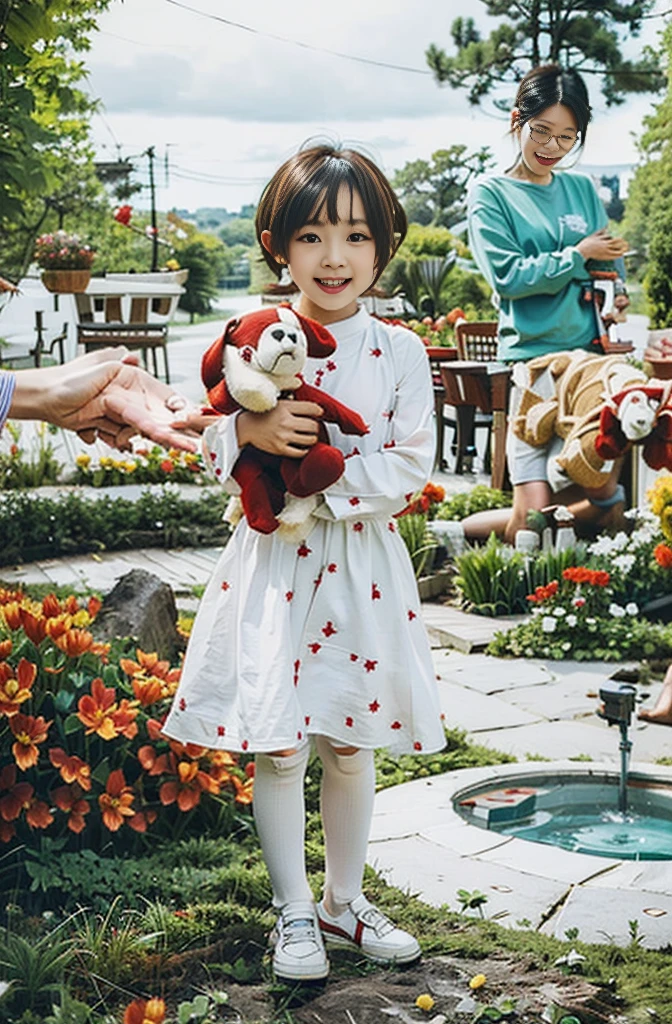 Highly realistic photo, ((masterpiece), (best quality), (raw photo), (photorealistic:1.4), Photo of a 6--old l, short hair, wearing a white dress, holding a red stuffed dog, ((real hands)), photo taken in a tulip Vietnam garden, ((standing on the grass)), photo taken by Sony A7IV
