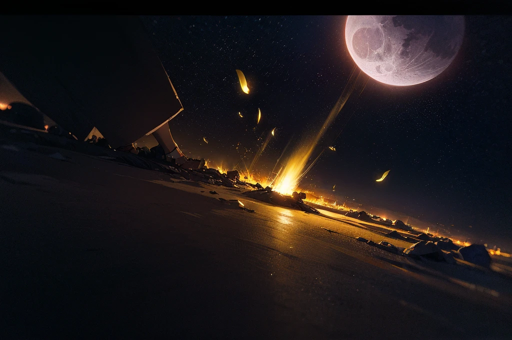 expansive landscape photograph , (a view from In the darkness of the night,A lone wolf roams with pride,Seeking power and might,For a kingdom to reside), (full moon:1.2), ( shooting stars:0.9), (nebula:1.3), distant mountain, tree BREAK production art, (warm light source:1.2), (Firefly:1.2), lamp, lot of purple and orange, intricate details, volumetric lighting, realism BREAK (masterpiece:1.2), (best quality), 4k, ultra-detailed, (dynamic composition:1.4), highly detailed, colorful details,( iridescent colors:1.2), (glowing lighting, atmospheric lighting), dreamy, magical, (solo:1.2)
