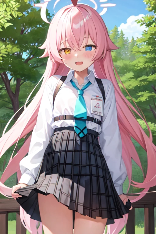 masterpiece, Highest quality, Super detailed, One girl, Hoshino, White shirt, Pleated skirt, Embarrassed, Are standing,
 Outdoor,undressing