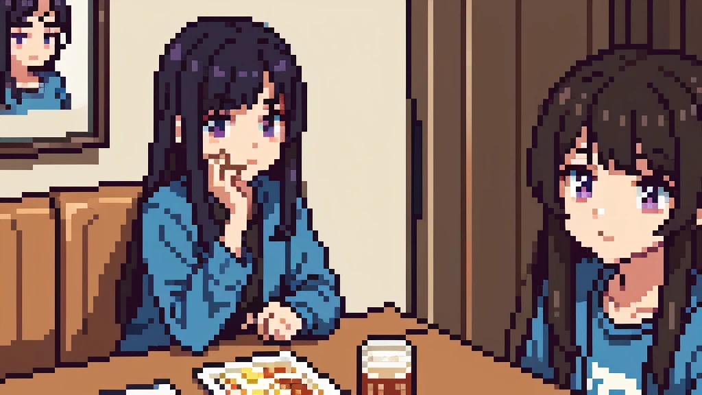 One girl, 20 years old, downtrodden girl, tired girl, confused girl, uncertain posture, long hair, black hair, brown hair. eyes with a transition from blue to purple, dark hair, anime style, 4k image, full figure, modern appearance. all the details are worked out, modern clothes, full-fledged clothes, baggy clothes, cheap clothes, detailed face, lots of details, very detailed, deep, elaborated facial expression, in an apartment, eating, sitting at a table, a girl having lunch, eating