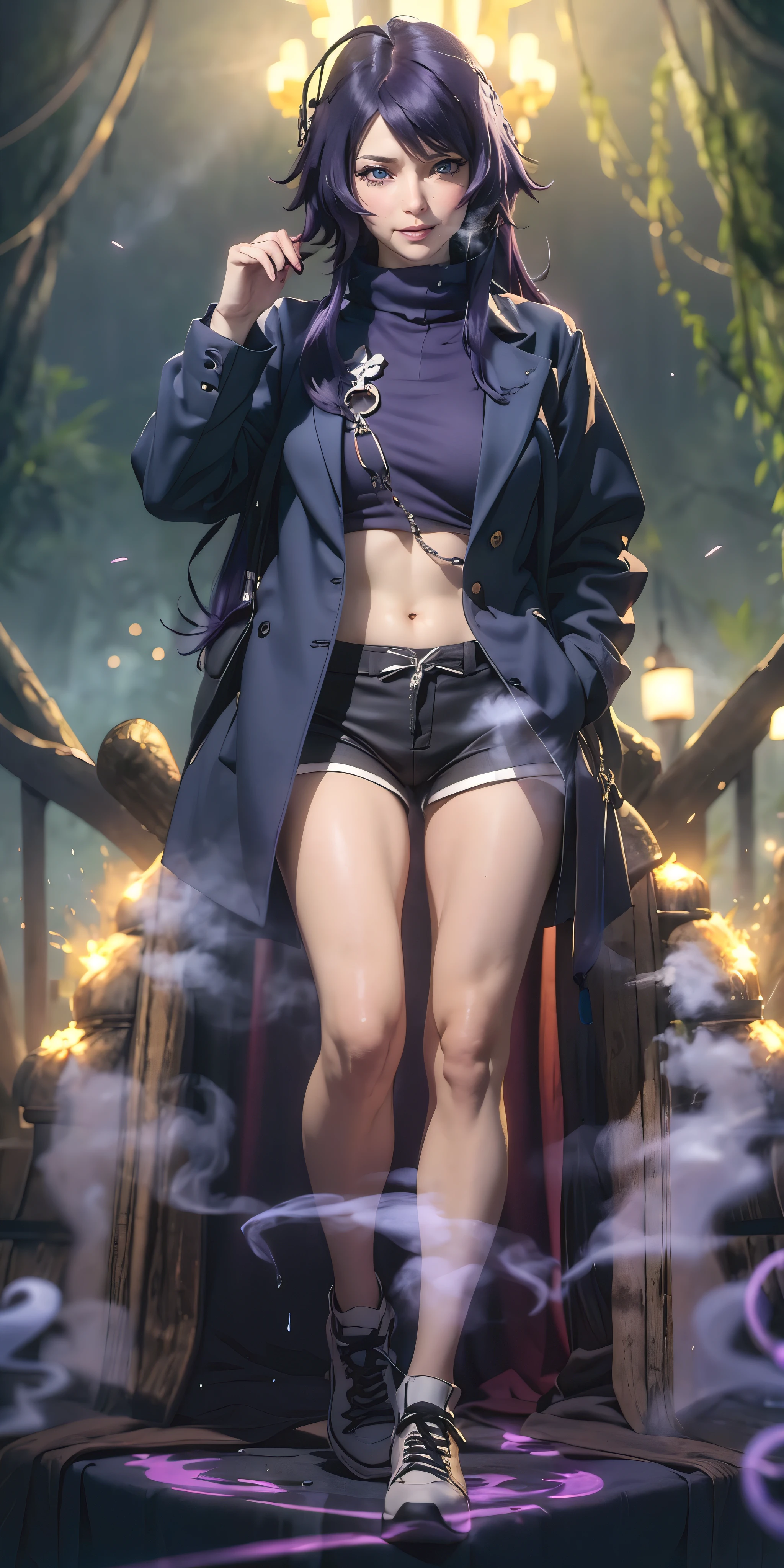 MC, ahoge, (long hari, purple hair:1.3), hair ornament, dark-blue eyes, anatomically correct, heavy breathing, mature female, 1girl, solo, pantyhose, standing, coat, full_body, looking_at_viewer, black_legwear, smile, casual, closed_mouth, shoes, turtleneck, simple_background, blush, bangs, jacket, tree, bamboo, forest, smoke, water drop, spotlight, bokeh, (bootyshorts:1.4), sneakers, hollow eyes, bright pupils, dark-blue eyes, looking at viewer. glowing eyes heavy breathing, seductive smile, (steaming face:1.3), blush face, lips,