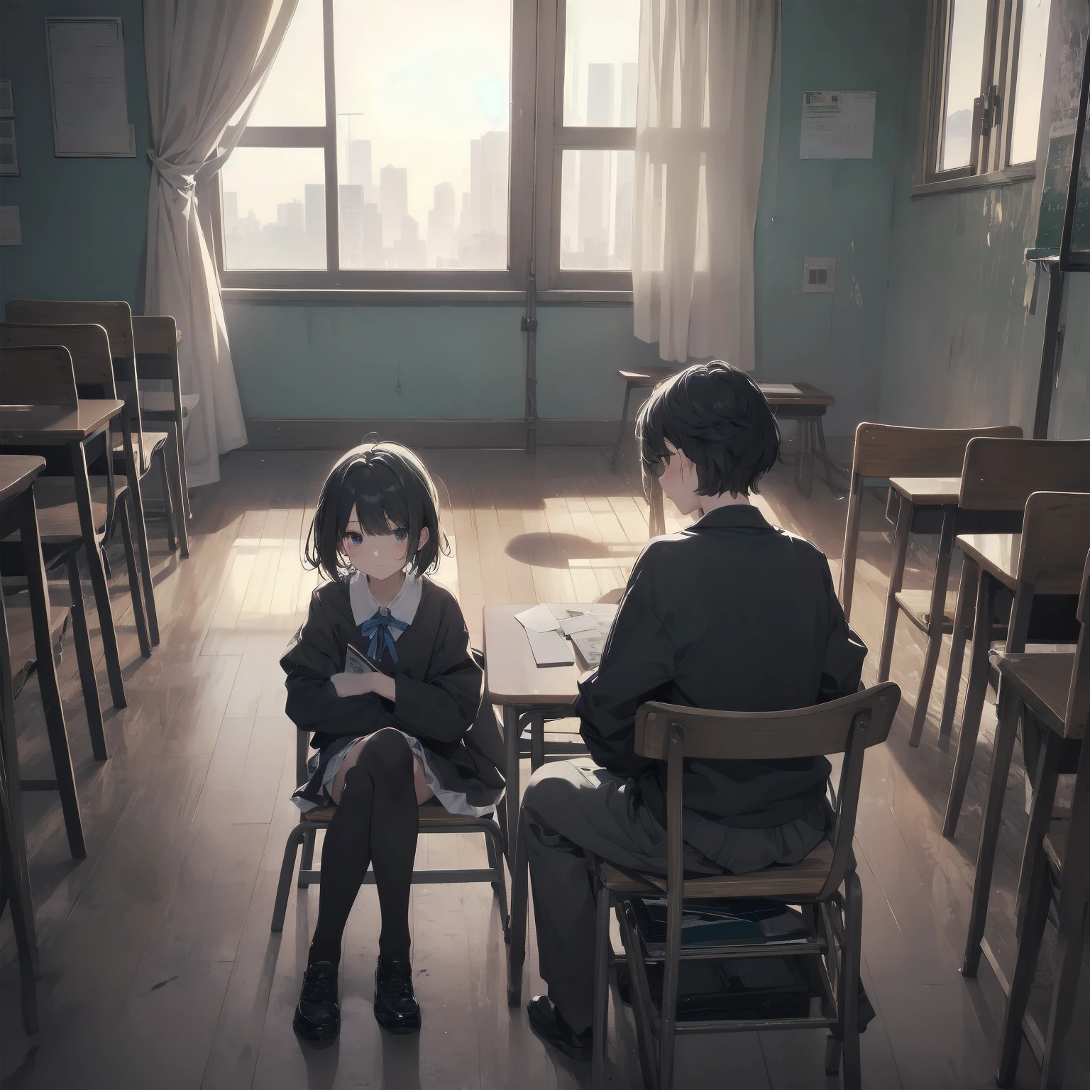 Portraiture, Documentary Films, photograph, 一人の少女は13 years oldのMiddle school studentsである,Short black hair,Small underbust, classroomの机で眠い目をしながら勉強している, short hair, classroom, high quality, Realistic, Eye-level shot, Medium Shot, Front view, Natural light, Learning and fatigue.break,One girl, (alone,Loli face,13 years old:1.5),, The charm of androgyny, (Very short hair), Flat Chest, Small Ass, Beautiful and delicate black eyes, Disgusted Eyes, sitting on a wooden chair, break,((最high quality,Anime Style, Super detailed,High resolution,Highly detailed CG,unity 8k wallpaper,Created by famous artists,Perfect Anatomy,Highly detailed skin,Cinema Lighting)),
