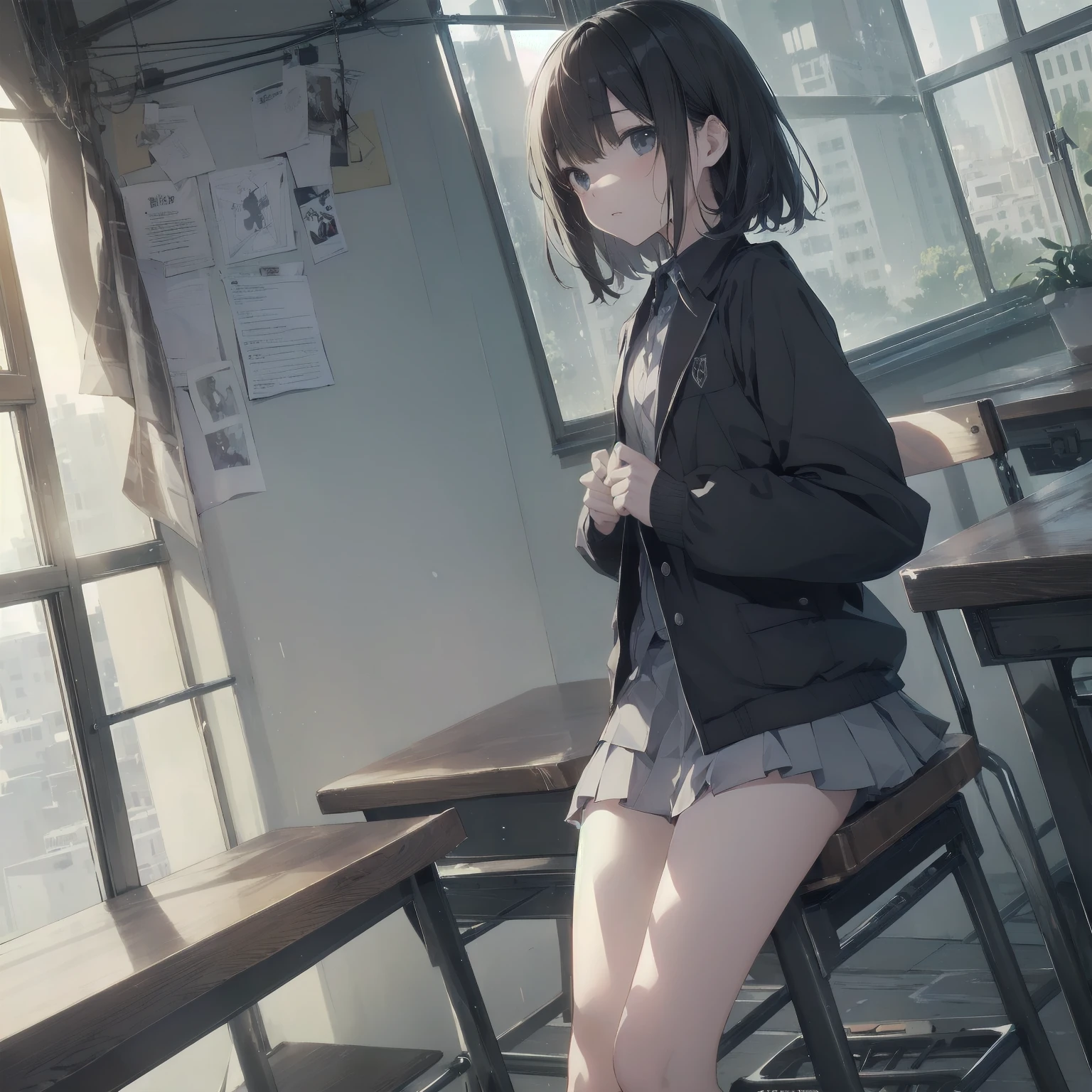 Portraiture, Documentary Films, photograph, 一人の少女は13 のMiddle school studentsである，Short black hair，Small underbust, classroomの机で眠い目をしながら勉強している, short hair, classroom, high quality, Realistic, Eye-level shot, Medium Shot, Front view, Natural light, Learning and fatigue.break,One girl, (alone,Loli face,13 years he charm of androgyny, (Very short hair), Flat Chest, Small Ass, Beautiful and delicate black eyes, Disgusted Eyes, sitting on a wooden chair, break,((最high quality,Anime Style, Super detailed,High resolution,Highly detailed CG,unity 8k wallpaper,Created by famous artists,Perfect Anatomy,Highly detailed skin,Cinema Lighting)),
