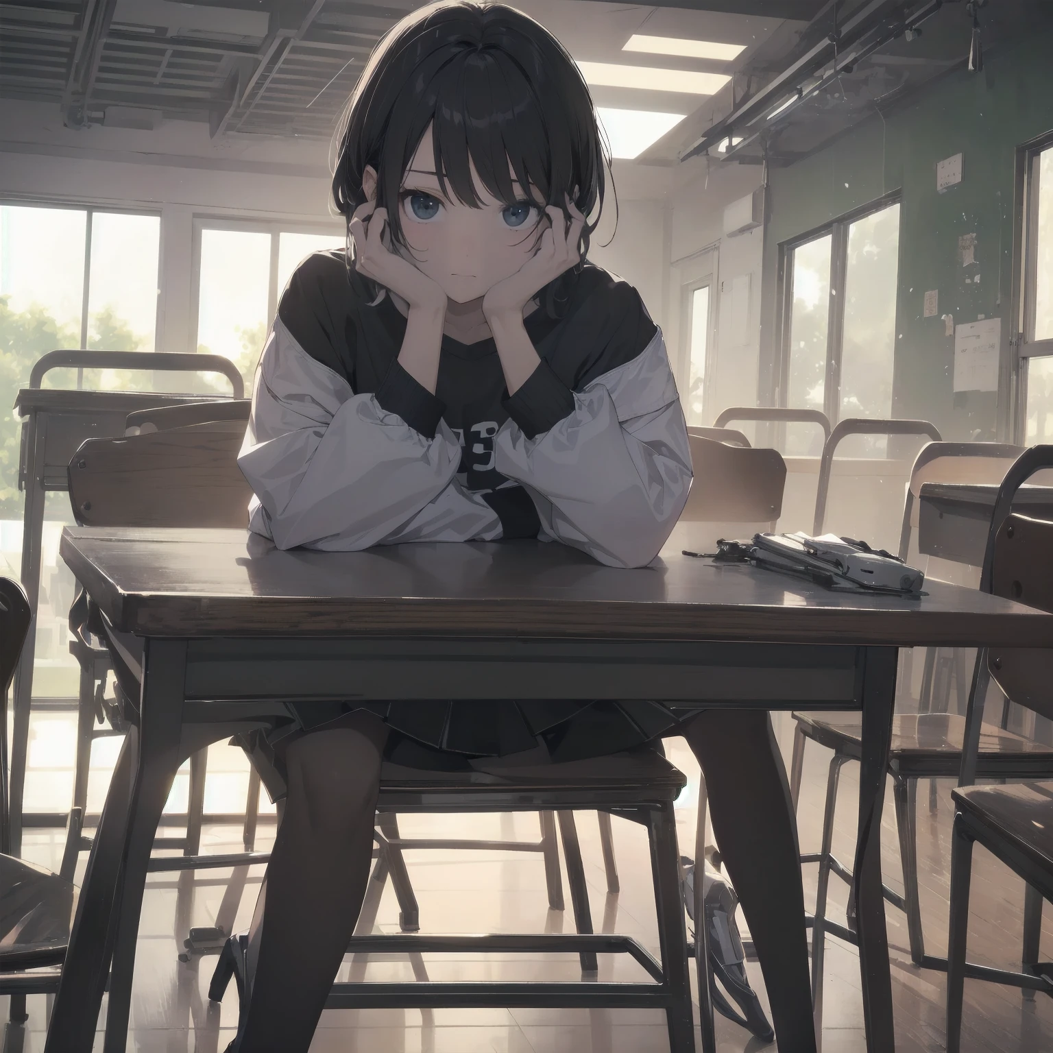 Portraiture, Documentary Films, photograph, 一人の少女は13 years oldのMiddle school studentsである，Short black hair，Small underbust, classroomの机で眠い目をしながら勉強している, short hair, classroom, high quality, Realistic, Eye-level shot, Medium Shot, Front view, Natural light, Learning and fatigue.break,One girl, (alone,Loli face,13 years old:1.5),, The charm of androgyny, (Very short hair), Flat Chest, Small Ass, Beautiful and delicate black eyes, Disgusted Eyes, sitting on a wooden chair, break,((最high quality,Anime Style, Super detailed,High resolution,Highly detailed CG,unity 8k wallpaper,Created by famous artists,Perfect Anatomy,Highly detailed skin,Cinema Lighting)),