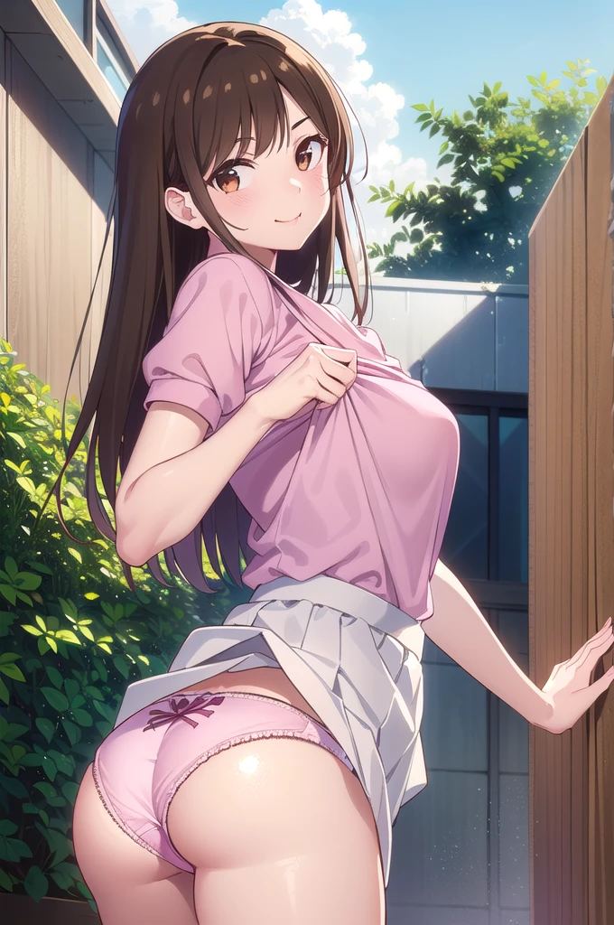 mizuharachizuru, Chizuru Ichinose, Long Hair, bangs, Brown Hair, (Brown eyes:1.5), smile,
break skirt, shirt, Short sleeve, Puffy sleeves, puffy Short sleeve, White Skirt, pink shirt, リボン
break outdoors, garden, bench,
break looking at viewer, (Cowboy Shot:1.5),
break (masterpiece:1.2), Highest quality, High resolution, unity 8k wallpaper, (shape:0.8), (Beautiful details:1.6), Highly detailed face, Perfect lighting, Highly detailed CG, (Perfect hands, Perfect ???????), Small Head, (Lift up the skirt:1.5), (Wide pelvis), (Thick thighs), (?????????????), (benchに左足を乗せる:1.5), (Look back here:1.5), (スカート that rolls up:1.5), (panties丸見え:1.5), (pink_Plain_panties:1.5), (From below:1.5)