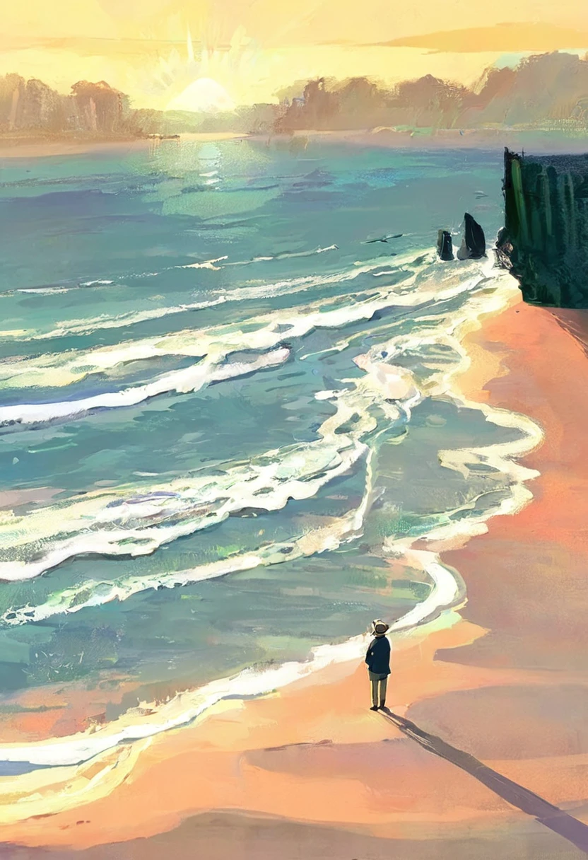 a middle aged man standing on the seashore watching the horizon, anime vibes, ghibli style scenery