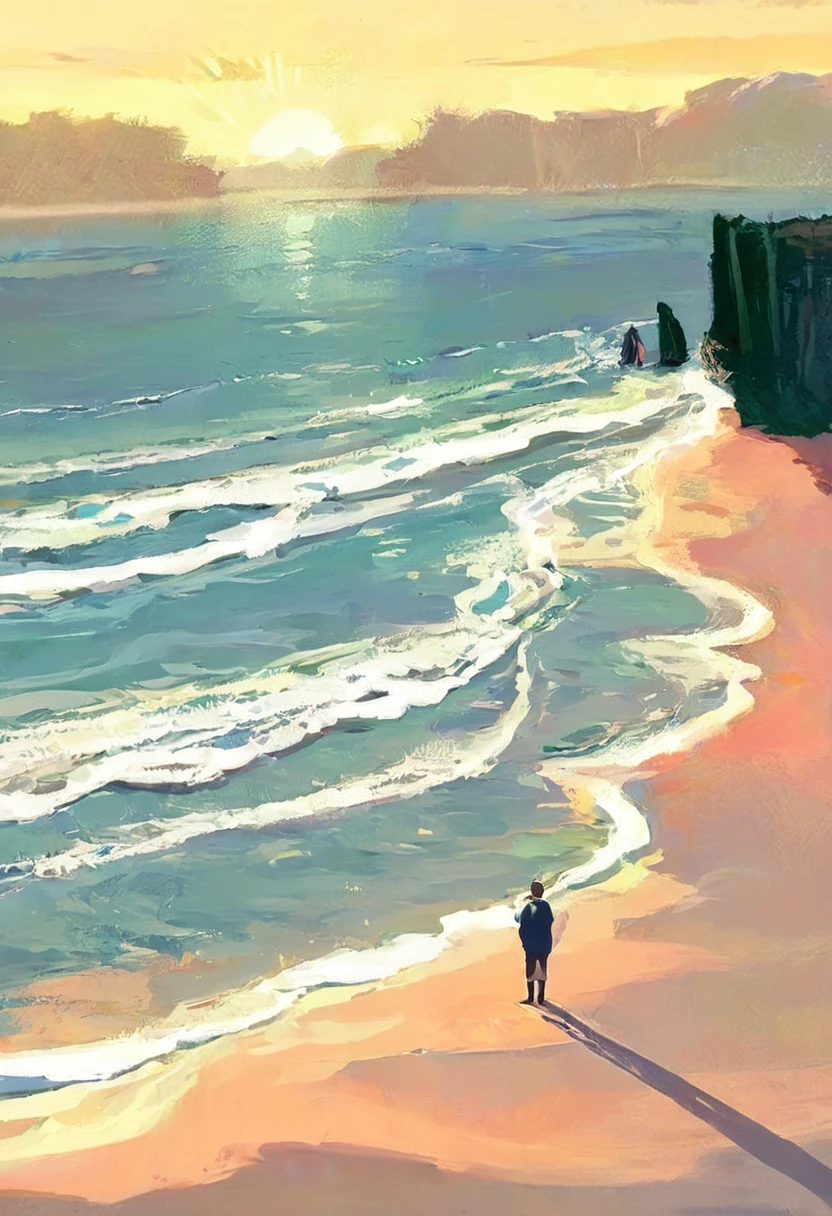 a middle aged man standing on the seashore watching the horizon, anime vibes, ghibli style scenery