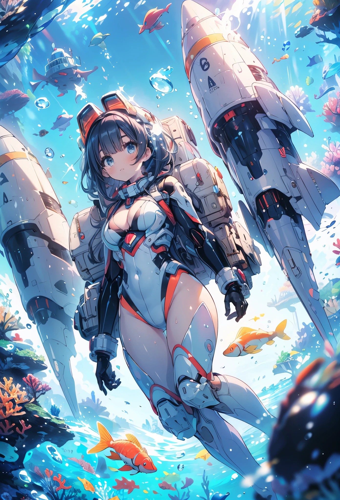 masterpiece, best quality, high resolution, extremely detailed CG, absurdres, highres, 1girl, solo, a girl in mech suit moving fast with rocket boosters under the sea,headgear,Thighs, cleavage, jets, torpedo, arounded by bubbles, coral, Colorful portraits