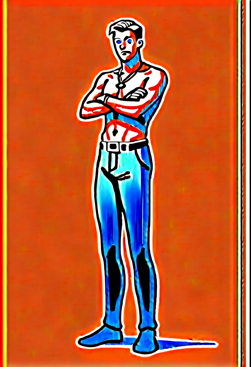 Ax-Battler is a 30-year-old man, an imposing and fearless Nordic warrior, with a tall stature, an athletic body with very robust and well-defined muscles. Her long, blonde hair falls over her shoulders, giving her a wild and untamed appearance. His blue eyes are piercing, he wears blue swim trunks, blue boots, silver bracelets and a golden necklace. On his belt, he carries small talismans and amulets. His countenance is serious. He wields only a long, shining sword. The sword's blade is polished and sharp, reflecting the light with a menacing shine., ((Arms crossed posing for a photo)), Ultra Realistic Style