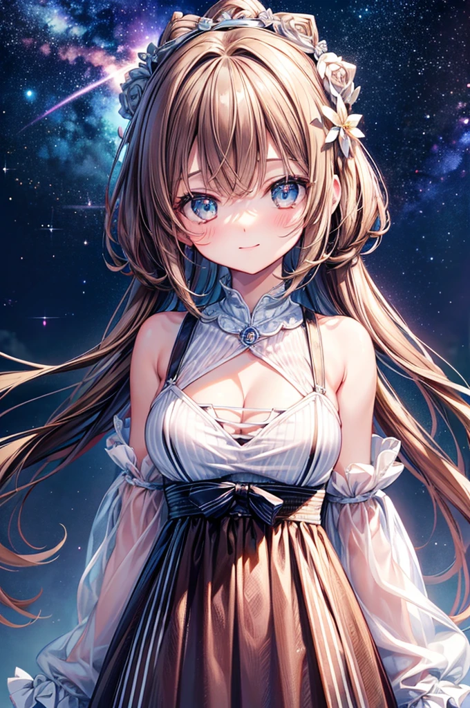 masterpiece, best quality, {{an extremely delicate and beautiful, best quality, masterpiece, extremely detailed CG, {{high quality}},perfect face, {{{space}}}, starry sky,{star},1girl,ray tracing,extremly detailed CG unity 8k wallpaper,dynamic angle,brown hair, long,hair,{{serafuku}},{{high school girl}},{{{see-through}}},{{{striped bra}}},{{{cleavage}}},{li},medium breast,light_blush, smiling, star hair ornament,upper body,