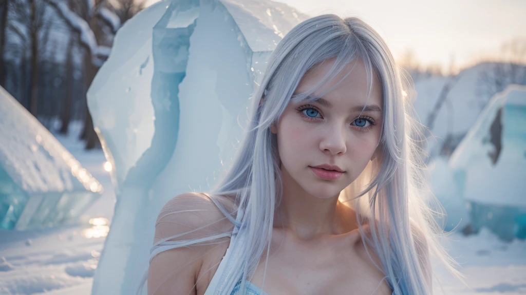   A beautiful young Russian girl with long ice-colored hair and ice-white skin, attractive, high detail in the background 