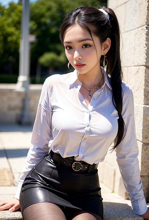 Sophisticated, masterpiece, Beautiful details, colorful, Fine details, Delicate lips, Intricate details, Big Breasts, 1 female, (Beautiful and cute 20 year old Korean girl: 1.1), (K-Pop Idols, Korean mixed race), ( 50mm Sigma f /1.4 ZEISS Lenses, f1.4, 1/800s, ISO100, photograph:1.1), (ponytail+Black Hair:1.2), (Realistic:1.4), (spy:1.2), (Open jacket, shirt, skirt, tie, Black Pantyhose, Christian Louboutin\(brand\),: 1.3), Earrings, necklace, Armband, (Shoulder strap, bar: 1.2), (beautiful feet, Tall Girl, skinny, slim_feet, thigh_gap, model :1.2), Lens flare, Viewed from the front, (Smile: 1.1), Dynamic pose, (compensate: 1.2), sitting on a bar stool,、((Sexual Panties:0.9))、((feetを大きく広げて:1.4))、