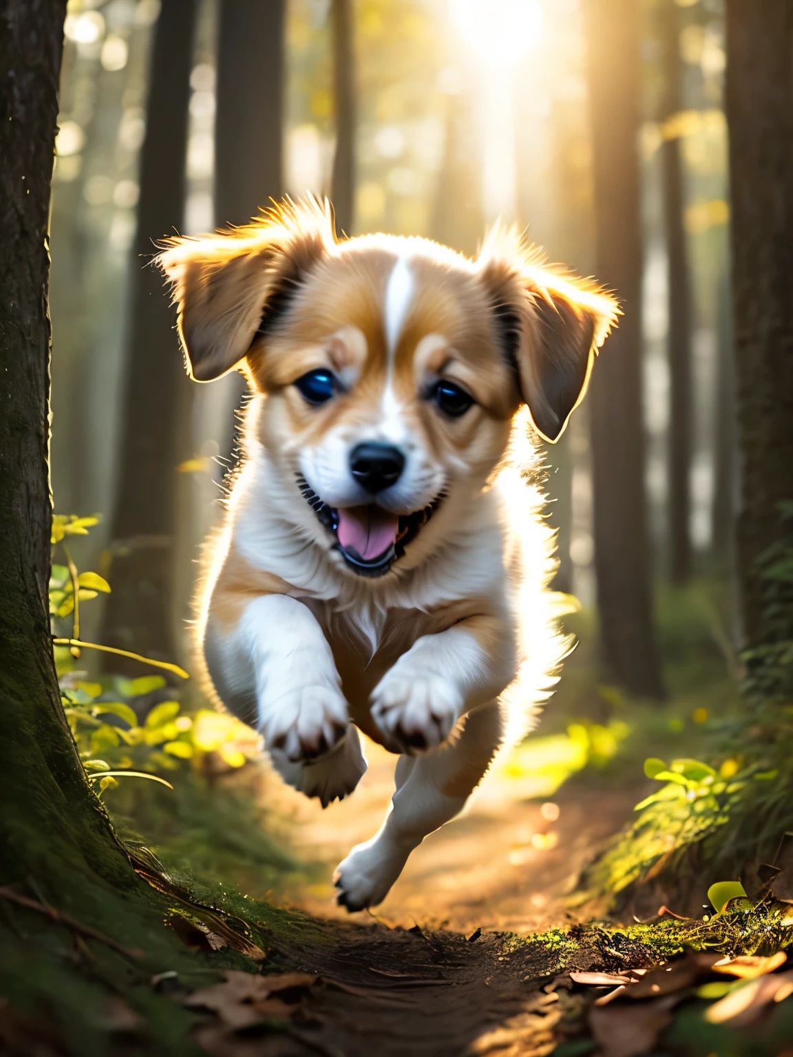 Close-up photo of a very cute puppy jumping in the woods, Soft Volume Light, (Backlight:1.3), (Cinematic:1.2), Intricate details, (Art Station:1.3), Rutkowski