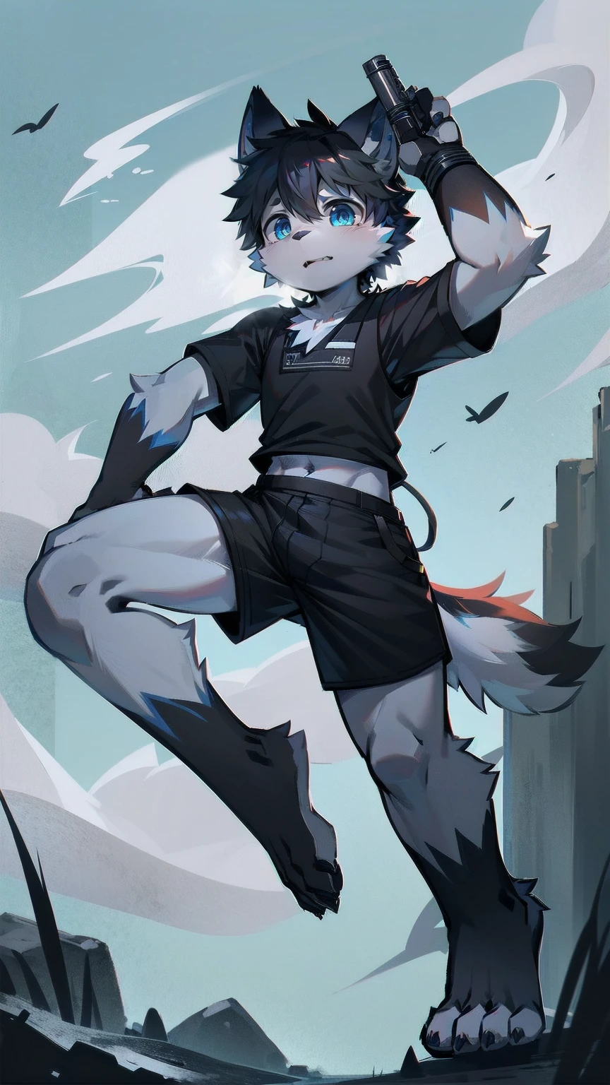 White Wolf,male,juvenile,Off-white fur,black hair,Sky blue eyes,hairy,Wolf ears,Wolf Tail,Black combat uniform,Black body armor,Short sleeve,arm,Holding a gun,aim,Black shorts,Expose calves,foot,Red neck bib,wind,Highest quality