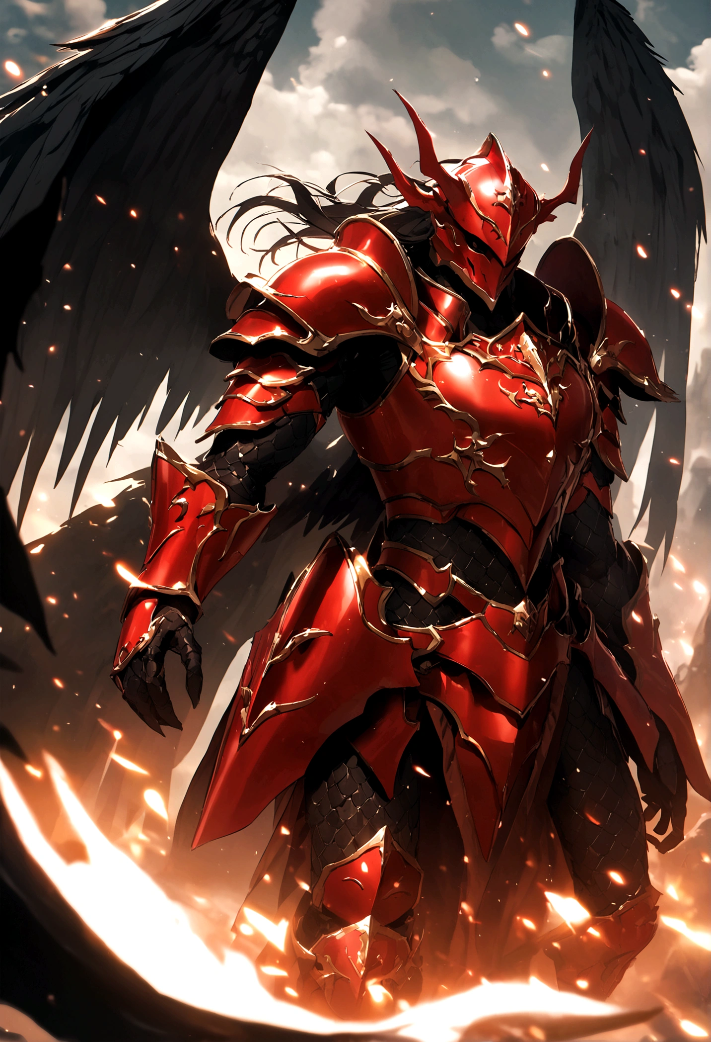 Man in red armor with black wings with a black dragon 