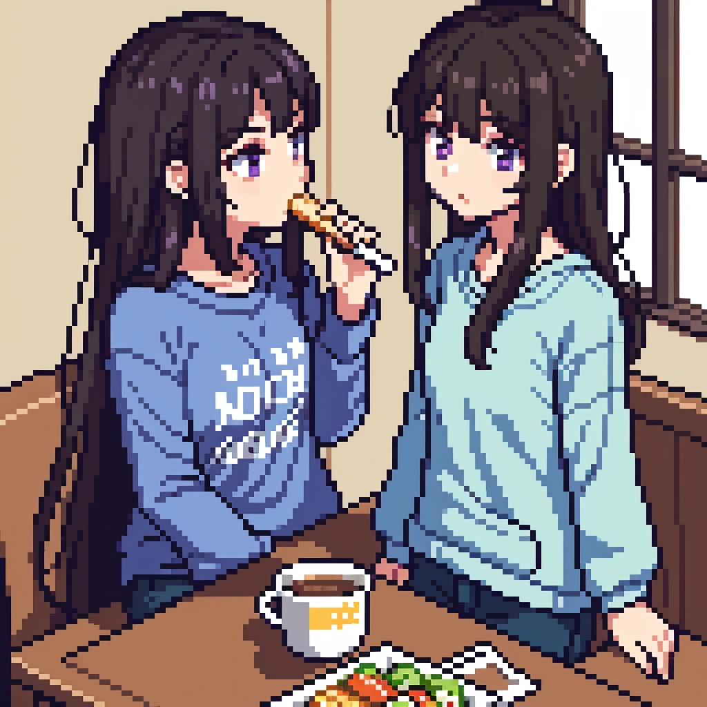 One girl, 20 years old, downtrodden girl, tired girl, confused girl, uncertain posture, long hair, black hair, brown hair. eyes with a transition from blue to purple, dark hair, anime style, 4k image, full figure, modern appearance. all the details are worked out, modern clothes, full-fledged clothes, baggy clothes, cheap clothes, detailed face, lots of details, very detailed, deep, elaborated facial expression, in an apartment, eating, sitting at a table, a girl having lunch, eating