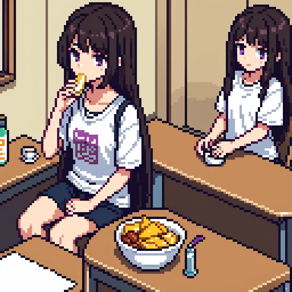 One girl, 20 years old, downtrodden girl, tired girl, confused girl, uncertain posture, long hair, black hair, brown hair. eyes with a transition from blue to purple, dark hair, anime style, 4k image, full figure, modern appearance. all the details are worked out, modern clothes, full-fledged clothes, baggy clothes, cheap clothes, detailed face, lots of details, very detailed, deep, elaborated facial expression, in an apartment, eating, sitting at a table, a girl having lunch, eating