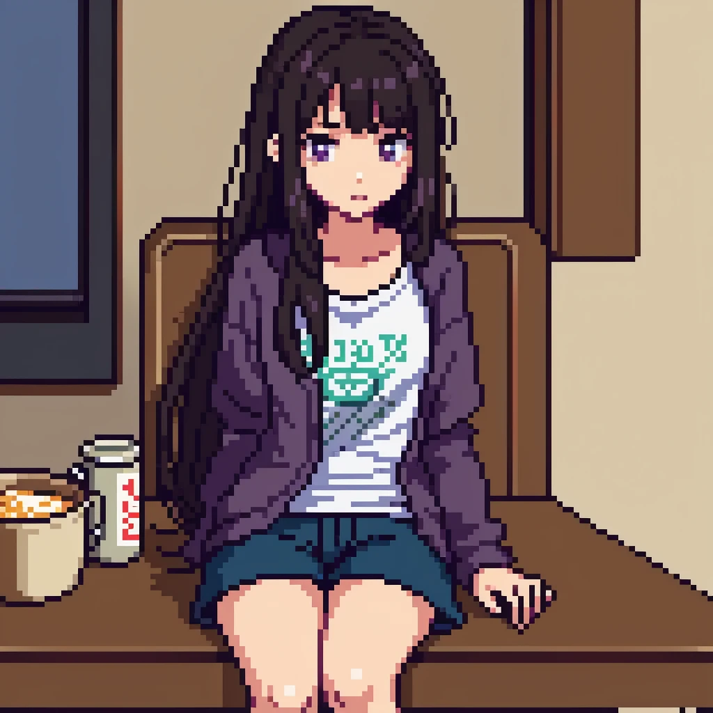 Pixel art, 1girl, cute, bed, sleeping, medium breasts, sweater, long sweater