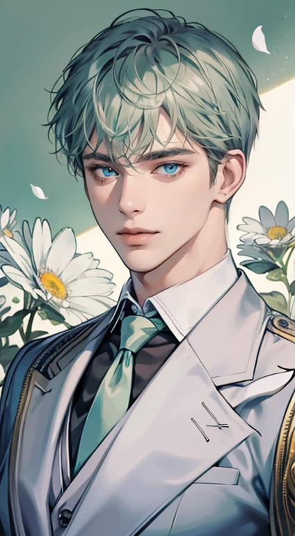 ((masterpiece)),(((best quality))), (detailed light) (detailed shadow), (high quality, breathtaking),(expressive eyes, perfect face), 1man, solo, male, tall, (mature), board shoulder, muscular, short grey green hair, side swep bangs, blue eyes, smiling, white suit, white tie, daisy flower background, flower petal flying, windy, look at viewer, one ear earing.