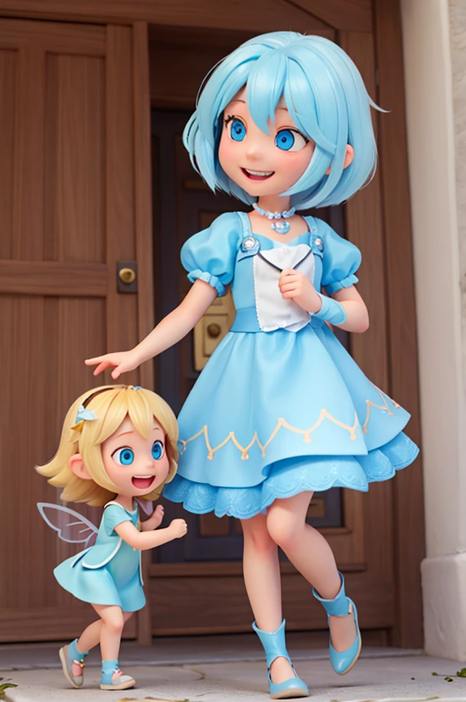 the with long blonde hair and light blue eyes follows the fairy with short blue hair, they girl was happy, smiling, joy