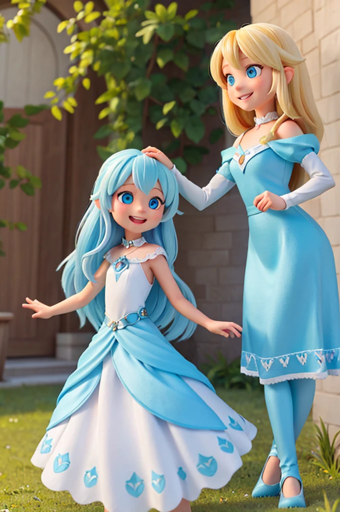 the with long blonde hair and light blue eyes follows the fairy with short blue hair, they girl was happy, smiling, joy