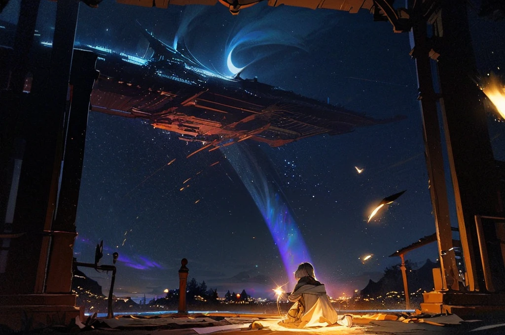 (Masterpiece),(Highest quality:1.4), (Highest Detailed:1.3),expansive landscape photograph, (a view from In the darkness of the night,A lone wolf roams with pride,Seeking power and might,For a kingdom to reside), (full moon:1.2), ( shooting stars:0.9), (nebula:1.3), distant mountain, tree BREAK production art, (warm light source:1.2), (Firefly:1.2), lamp, lot of purple and orange, intricate details, volumetric lighting, realism BREAK (masterpiece:1.2), (best quality), 4k, ultra-detailed, (dynamic composition:1.4), highly detailed, colorful details,( iridescent colors:1.2), (glowing lighting, atmospheric lighting), dreamy, magical, (solo:1.2)
