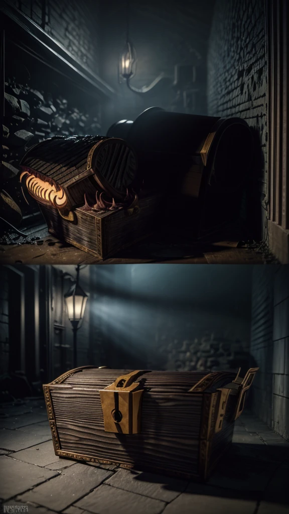 Create a highly detailed and terrifying image of a Mimic chest monster. The Mimic should resemble a traditional treasure chest at first glance, with ornate woodwork and metal reinforcements. However, the chest should be partially open, revealing sharp, menacing teeth lining the inside of the lid. The lid should be split into a monstrous mouth, with a long, slimy tongue lashing out. The eyes of the Mimic should be glowing ominously, either embedded in the wood or appearing on the lid, giving it a menacing, predatory look.

The setting should be a dimly lit dungeon with cobblestone floors and walls. Scatter gold coins, jewels, and other treasures around the Mimic to emphasize the trap. Add eerie lighting and shadows to enhance the creepy and dangerous atmosphere. Ensure there are no humans or human-like figures in the image. The overall scene should evoke a sense of dread and caution, capturing the essence of a Mimic ready to strike at unsuspecting adventurers.Nothing in the chest monster