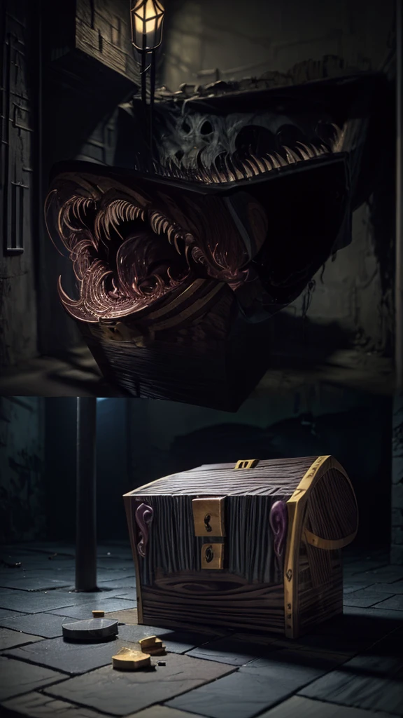 Create a highly detailed and terrifying image of a Mimic chest monster. The Mimic should resemble a traditional treasure chest at first glance, with ornate woodwork and metal reinforcements. However, the chest should be partially open, revealing sharp, menacing teeth lining the inside of the lid. The lid should be split into a monstrous mouth, with a long, slimy tongue lashing out. The eyes of the Mimic should be glowing ominously, either embedded in the wood or appearing on the lid, giving it a menacing, predatory look.

The setting should be a dimly lit dungeon with cobblestone floors and walls. Scatter gold coins, jewels, and other treasures around the Mimic to emphasize the trap. Add eerie lighting and shadows to enhance the creepy and dangerous atmosphere. Ensure there are no humans or human-like figures in the image. The overall scene should evoke a sense of dread and caution, capturing the essence of a Mimic ready to strike at unsuspecting adventurers.Nothing in the chest monster