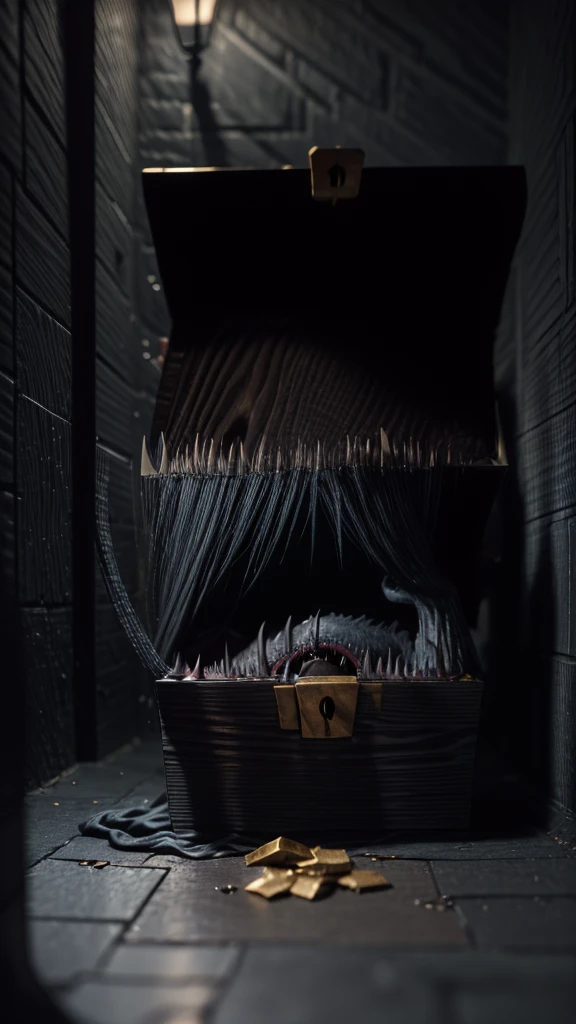 Create a highly detailed and terrifying image of a Mimic chest monster. The Mimic should resemble a traditional treasure chest at first glance, with ornate woodwork and metal reinforcements. However, the chest should be partially open, revealing sharp, menacing teeth lining the inside of the lid. The lid should be split into a monstrous mouth, with a long, slimy tongue lashing out. The eyes of the Mimic should be glowing ominously, either embedded in the wood or appearing on the lid, giving it a menacing, predatory look.
The setting should be a dimly lit dungeon with cobblestone floors and walls. Scatter gold coins, jewels, and other treasures around the Mimic to emphasize the trap. Add eerie lighting and shadows to enhance the creepy and dangerous atmosphere. Ensure there are no humans or human-like figures in the image. The overall scene should evoke a sense of dread and caution, capturing the essence of a Mimic ready to strike at unsuspecting adventurers.Nothing in the chest monster