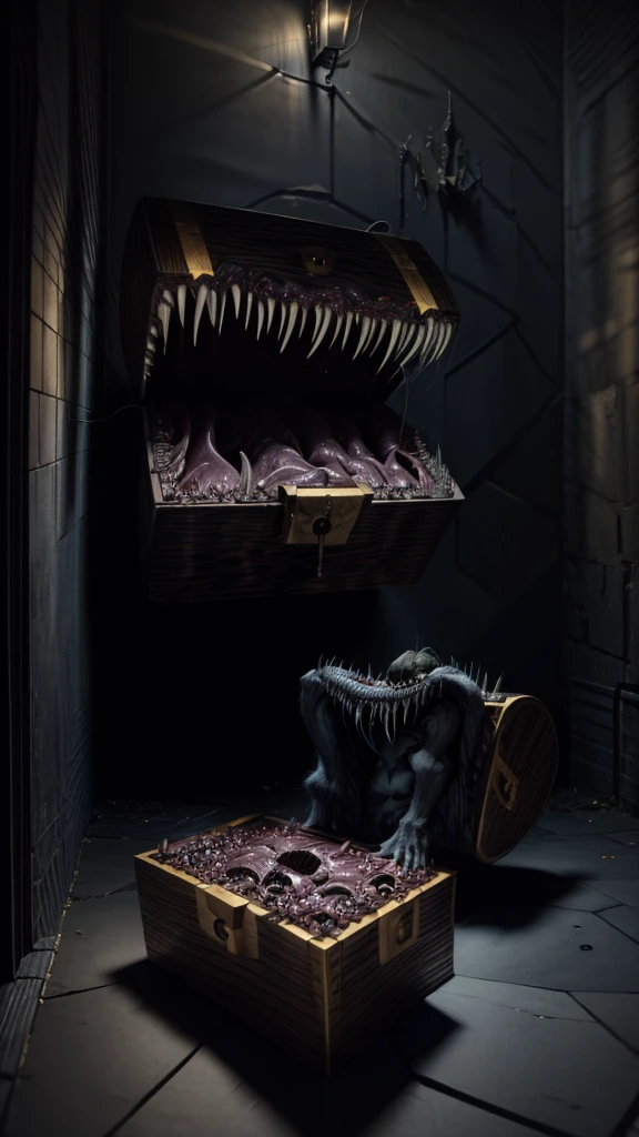 Create a highly detailed and terrifying image of a Mimic chest monster. The Mimic should resemble a traditional treasure chest at first glance, with ornate woodwork and metal reinforcements. However, the chest should be partially open, revealing sharp, menacing teeth lining the inside of the lid. The lid should be split into a monstrous mouth, with a long, slimy tongue lashing out. The eyes of the Mimic should be glowing ominously, either embedded in the wood or appearing on the lid, giving it a menacing, predatory look.

The setting should be a dimly lit dungeon with cobblestone floors and walls. Scatter gold coins, jewels, and other treasures around the Mimic to emphasize the trap. Add eerie lighting and shadows to enhance the creepy and dangerous atmosphere. Ensure there are no humans or human-like figures in the image. The overall scene should evoke a sense of dread and caution, capturing the essence of a Mimic ready to strike at unsuspecting adventurers.Nothing in the chest monster