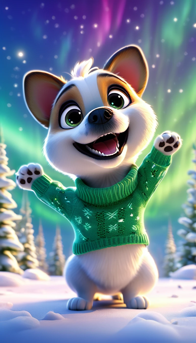 cute dog, cartoon, arms, sweater, cute eyes, looking at viewer, hands up, dog ears, effects background, aurora boreal, particles, solar sky