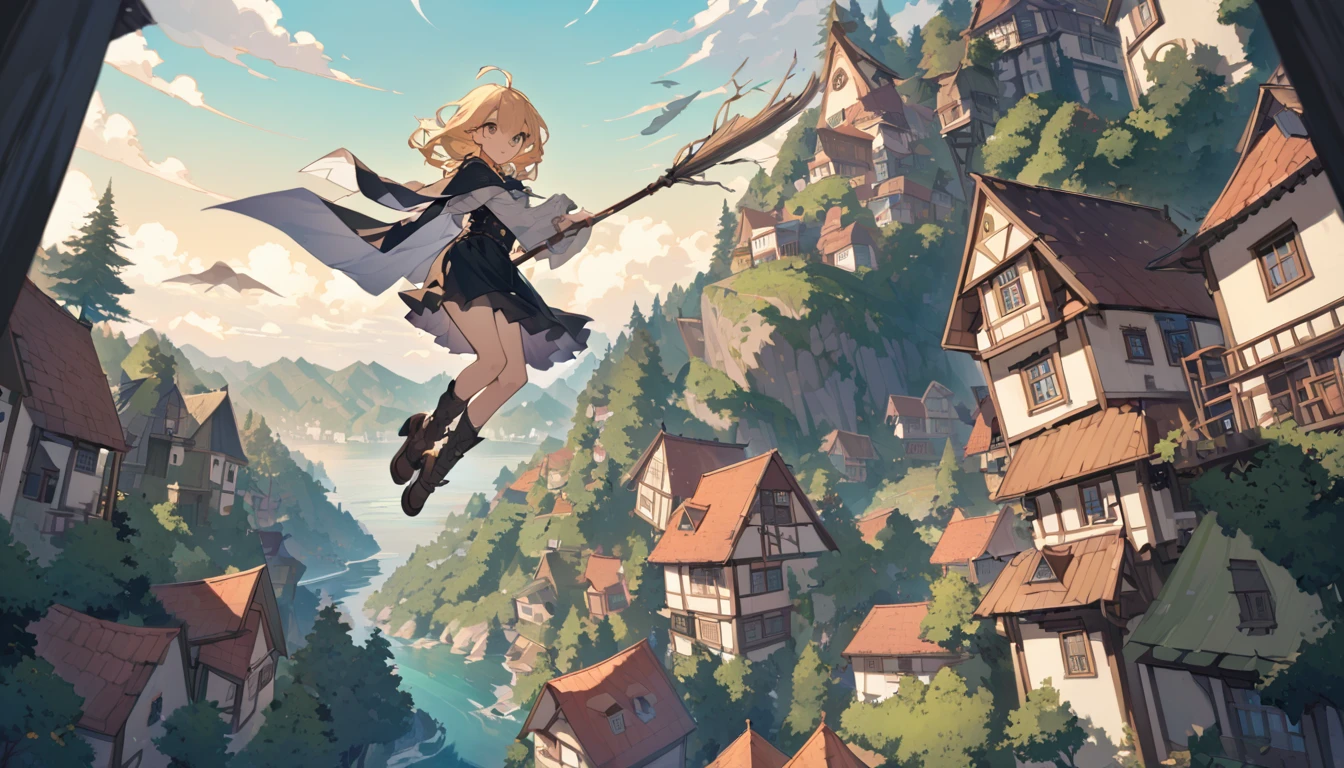 Woman flying in the air astride a broom,witch,Blonde,Below you can see houses, forests, and the sea.