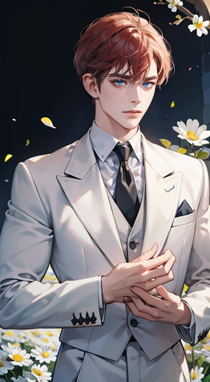 ((masterpiece)),(((best quality))), (detailed light) (detailed shadow), (high quality, breathtaking),(expressive eyes, perfect face), 1man, solo, male, tall, (mature), board shoulder, muscular, short grey red hair, side swep bangs, blue eyes, smiling, white suit, white tie, daisy flower background, flower petal flying, windy, look at viewer, one ear earing.