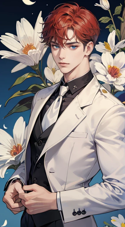 ((masterpiece)),(((best quality))), (detailed light) (detailed shadow), (high quality, breathtaking),(expressive eyes, perfect face), 1man, solo, male, tall, (mature), board shoulder, muscular, short grey red hair, side swep bangs, blue eyes, smiling, white suit, white tie, daisy flower background, flower petal flying, windy, look at viewer, one ear earing.