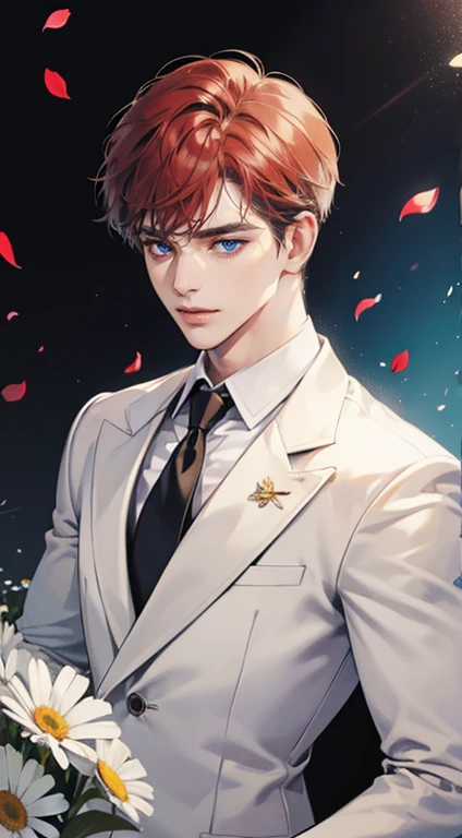 ((masterpiece)),(((best quality))), (detailed light) (detailed shadow), (high quality, breathtaking),(expressive eyes, perfect face), 1man, solo, male, tall, (mature), board shoulder, muscular, short grey red hair, side swep bangs, blue eyes, smiling, white suit, white tie, daisy flower background, flower petal flying, windy, look at viewer, one ear earing.
